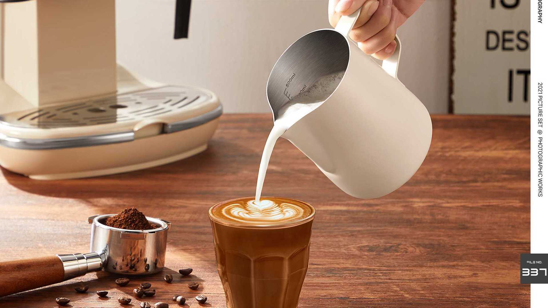 拉花杯 咖啡机奶泡杯器具 拉花缸 主图视频、东莞产品摄影