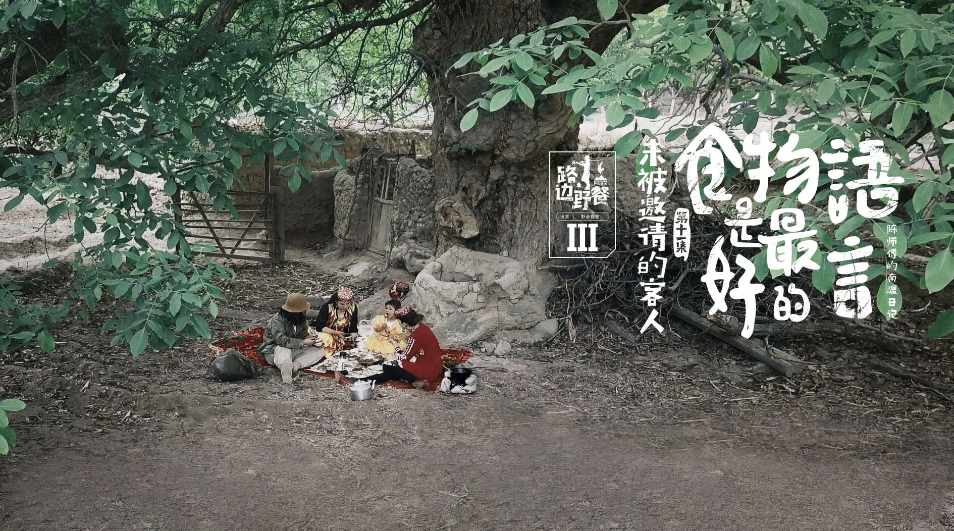 千年核桃树下的神秘美食盛宴，是陈师傅与三位新疆美女的路边野餐