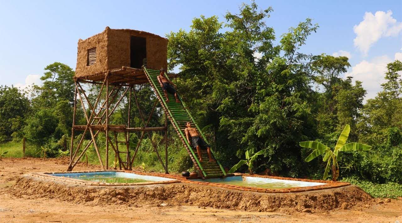建造双人游泳池和建造土著房屋与竹子水滑梯(全视频)